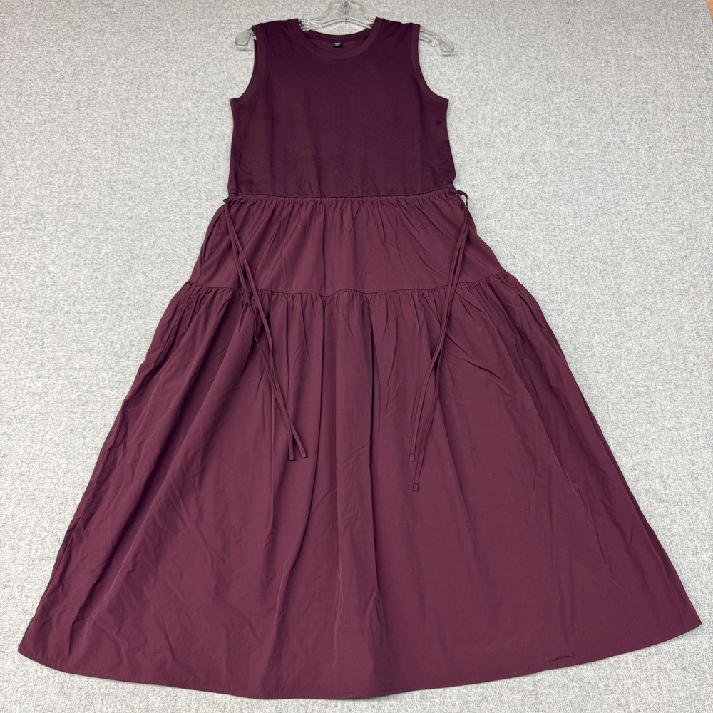 Uniqlo Sleeveless Tiered Maxi Dress Small Wine Burgundy Drawstring Pockets 1461
